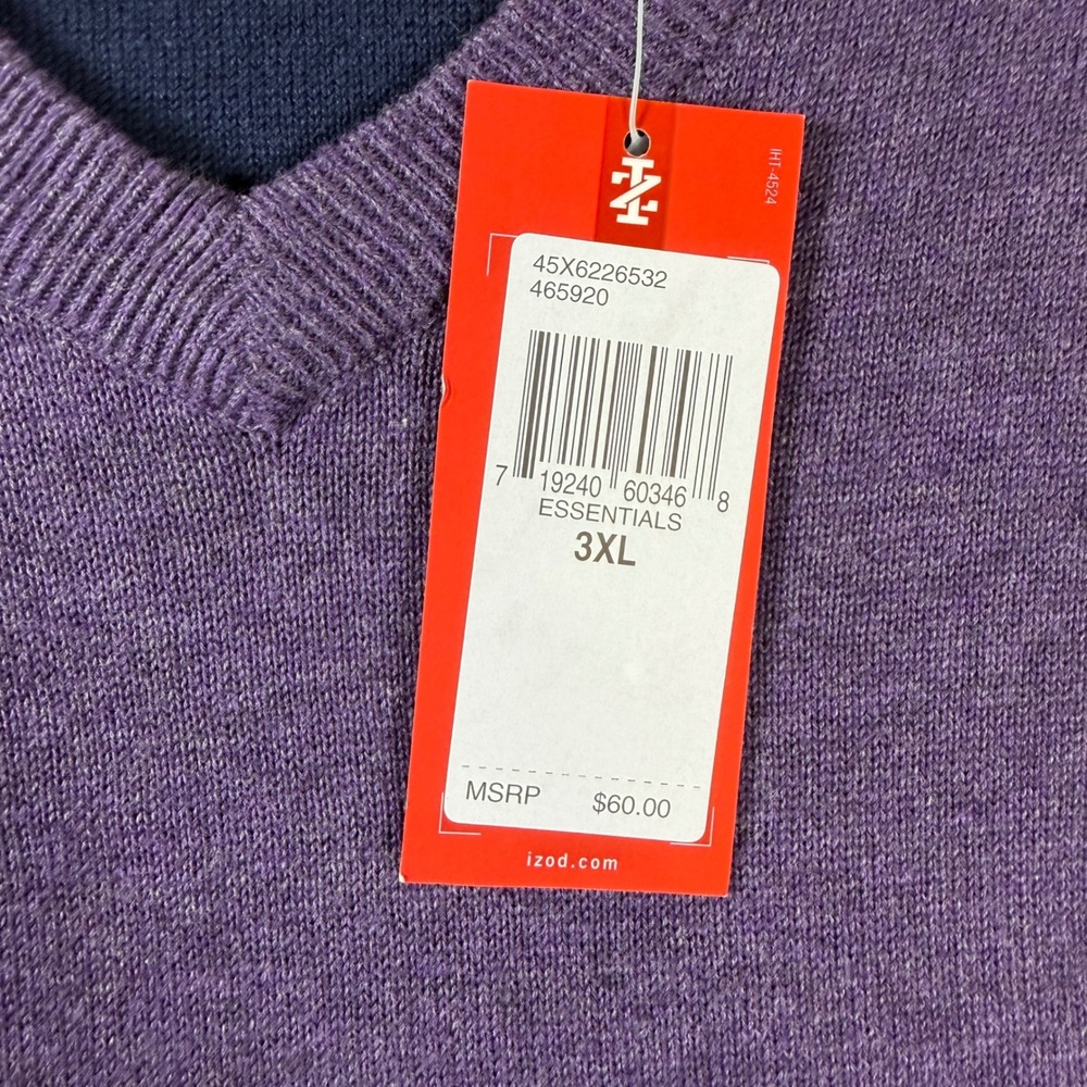 NWT IZOD V-Neck Sweater Mens 3XL Purple Premium Essentials 100% Cotton Knit - Picture 4 of 11